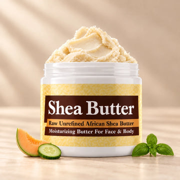 Polo Blue Shea Butter in an open white jar with textured ivory shea butter and simple scent accents on a soft cream background.
