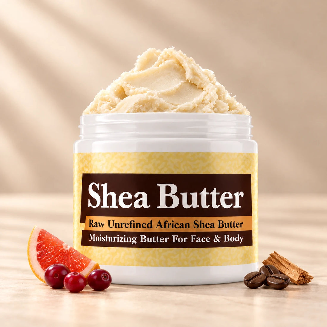 Polo Red Shea Butter in an open white jar with textured ivory shea butter and simple scent accents on a soft cream background.