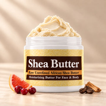 Polo Red Shea Butter in an open white jar with textured ivory shea butter and simple scent accents on a soft cream background.