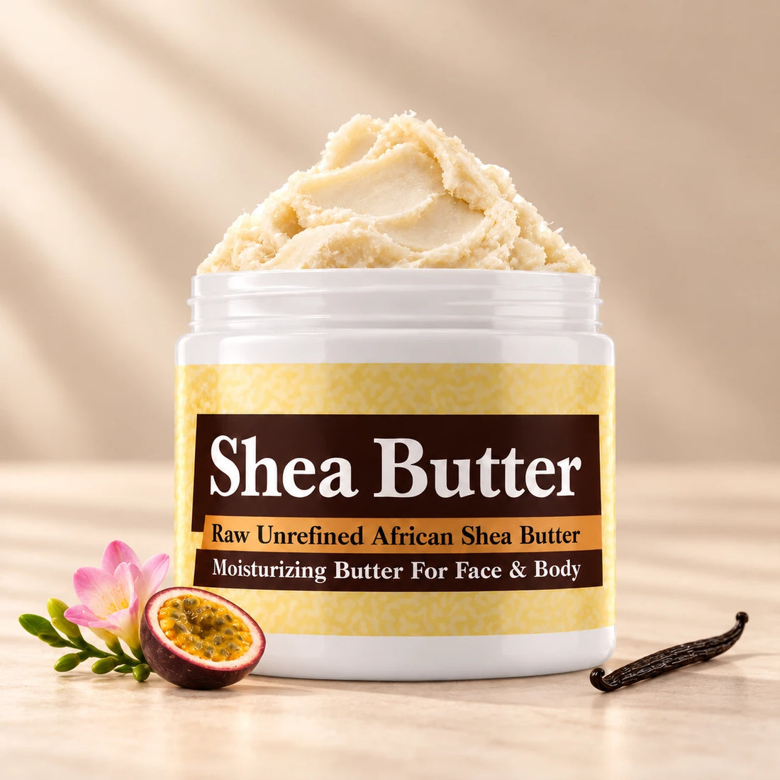 Rihanna RiRi Shea Butter in an open white jar with textured ivory shea butter and simple scent accents on a soft cream background.