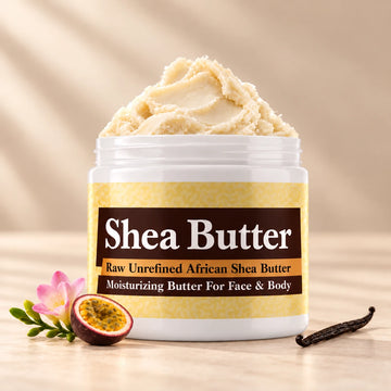 Rihanna RiRi Shea Butter in an open white jar with textured ivory shea butter and simple scent accents on a soft cream background.