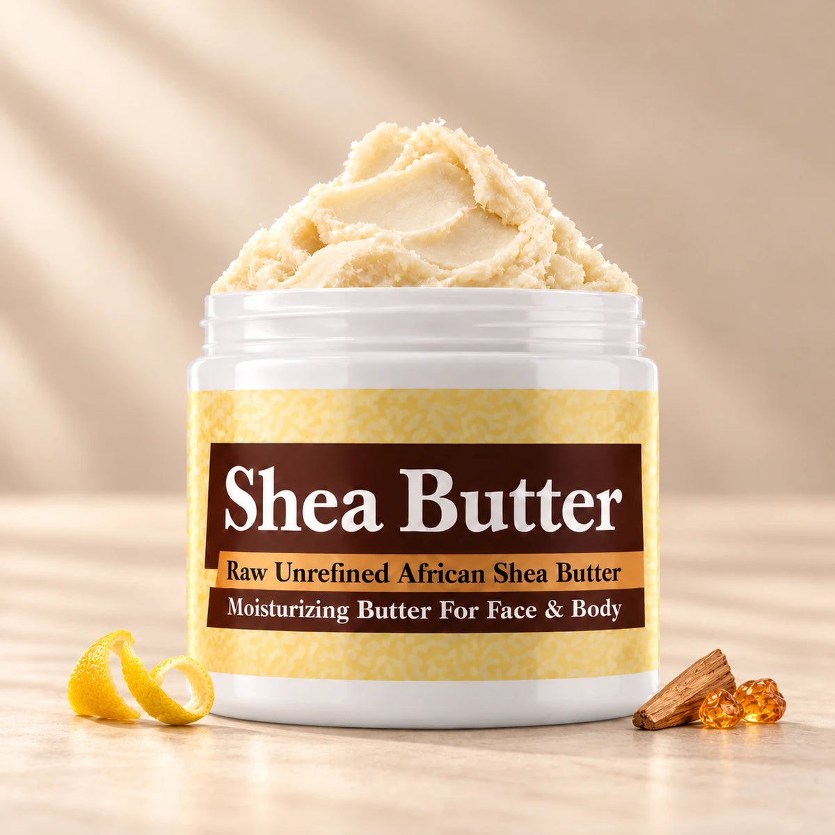 Sabatt Shea Butter in an open white jar with textured ivory shea butter and simple scent accents on a soft cream background.
