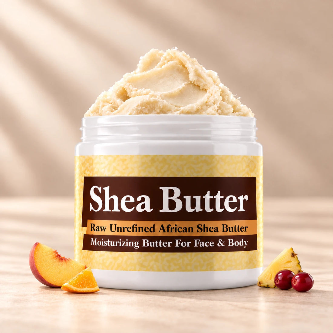 Sex on the Beach Shea Butter in an open white jar with textured ivory shea butter and subtle scent accents on a soft cream background.