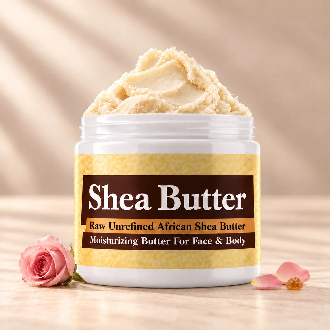Somalian Rose Shea Butter in an open white jar with textured ivory shea butter and subtle scent accents on a soft cream background.
