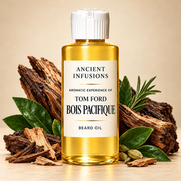 Ancient Infusions Tom Ford Bois Pacifique aromatic experience beard oil bottle with a white cap and cream label