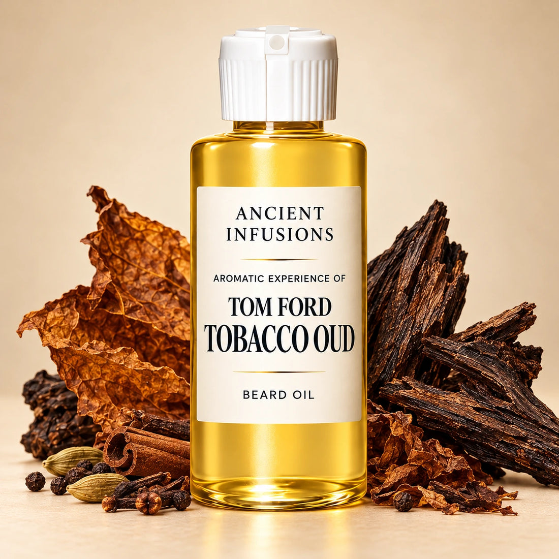 Ancient Infusions Tom Ford Tobacco Oud aromatic experience beard oil bottle with a white cap and cream label