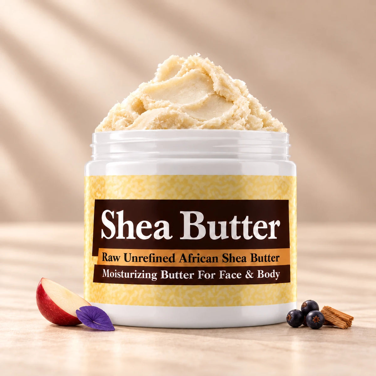 True Religion Man Shea Butter in an open white jar with textured ivory shea butter and subtle scent accents on a soft cream background.