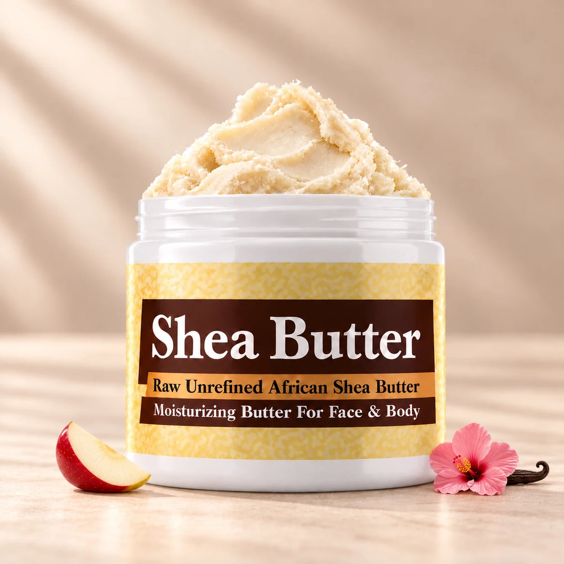 True Religion Woman Shea Butter in an open white jar with textured ivory shea butter and subtle scent accents on a soft cream background.