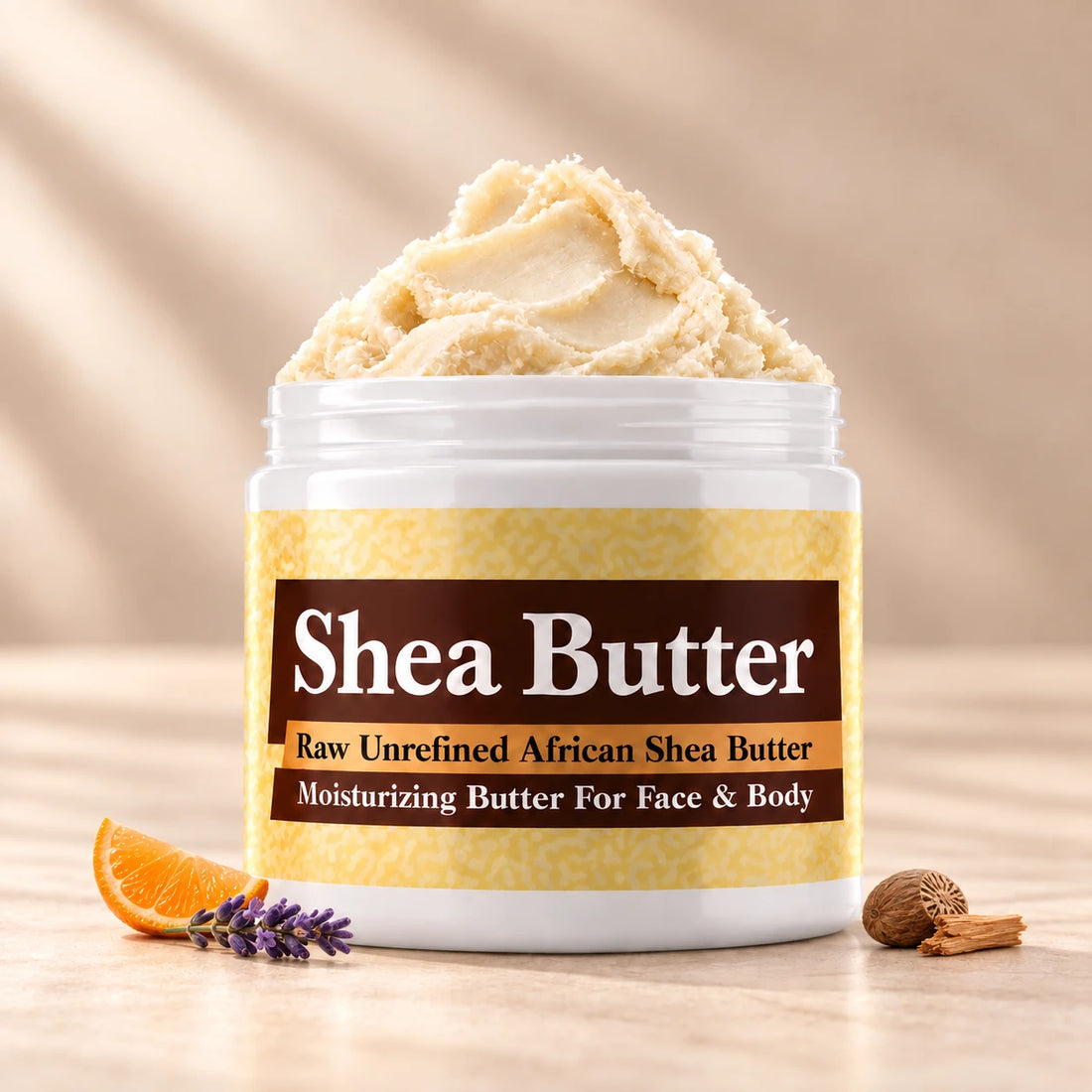 Valentino Very Valentino Shea Butter in an open white jar with textured ivory shea butter and subtle scent accents on a soft cream background.