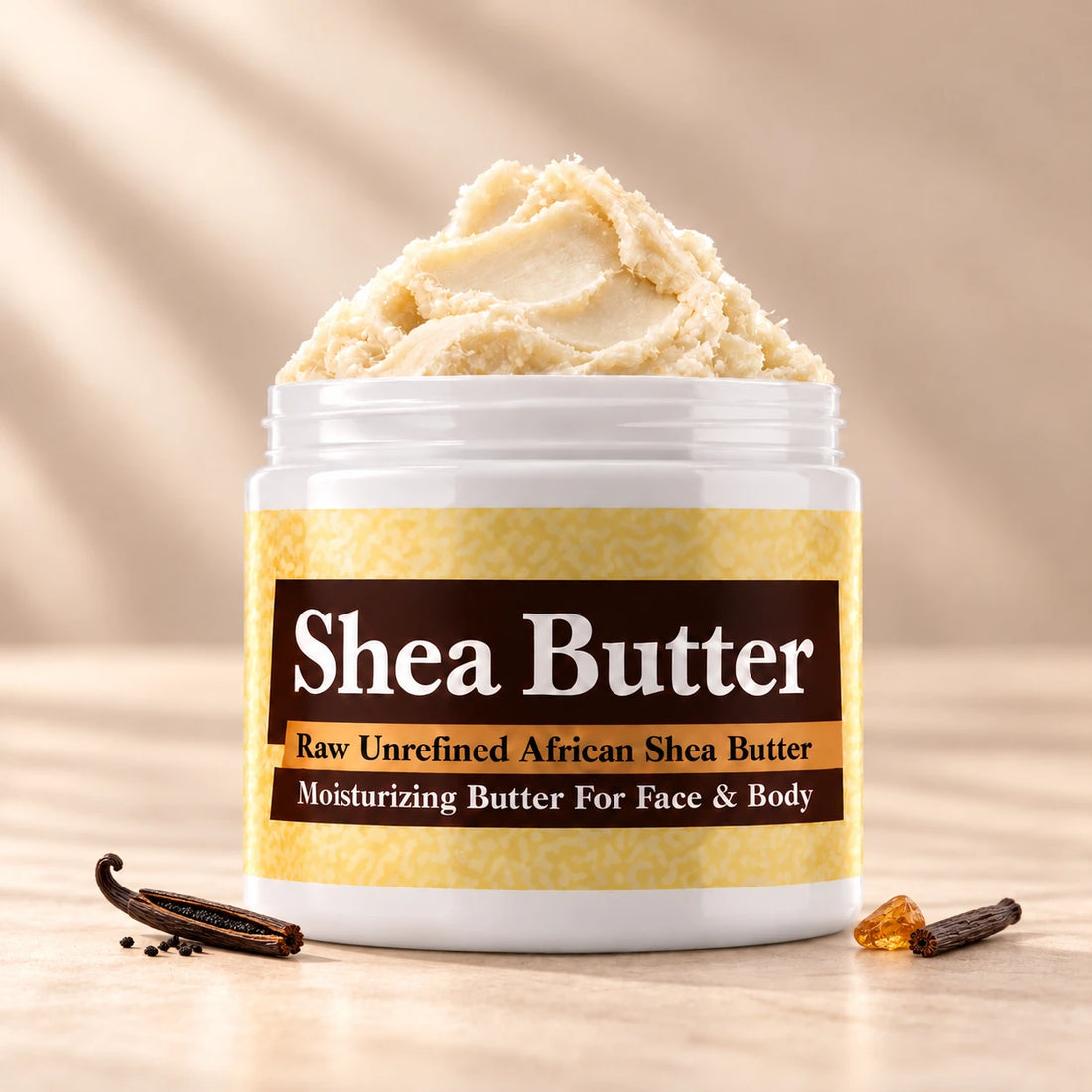 Vanilla Shea Butter in an open white jar with textured ivory shea butter and subtle scent accents on a soft cream background.