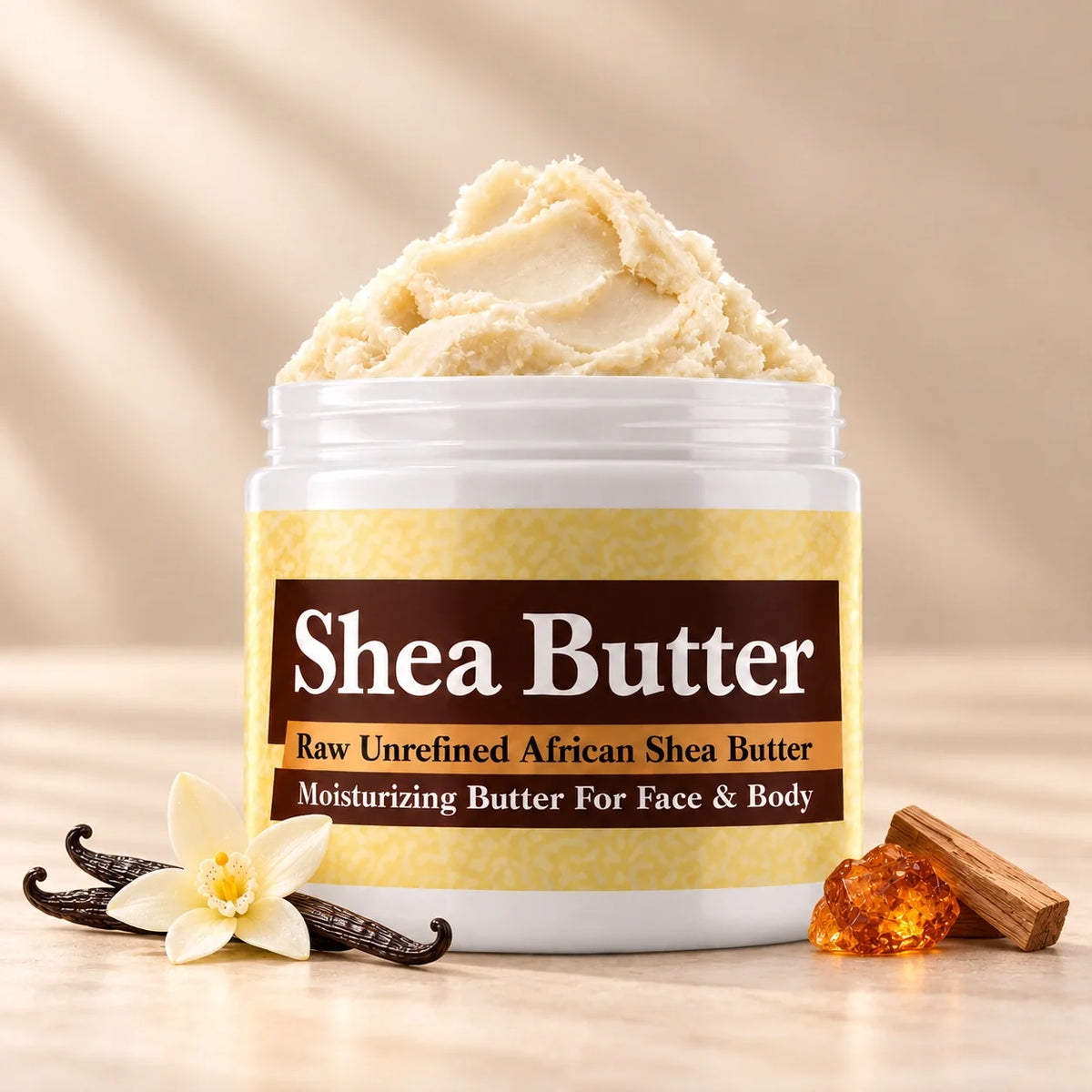 Vanilla Woods Shea Butter in an open white jar with textured ivory shea butter and subtle scent accents on a soft cream background.