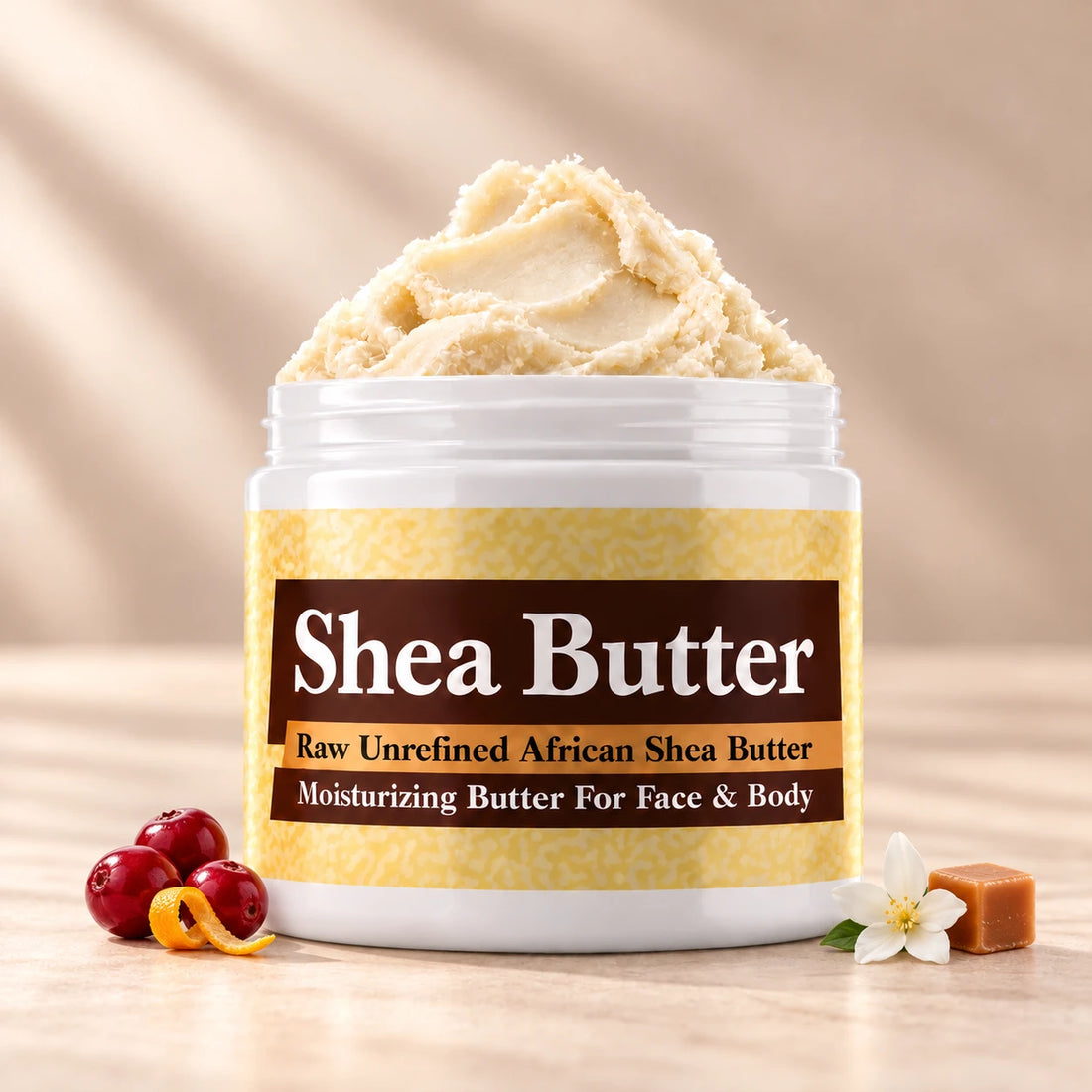 Velvet Sugar Shea Butter in an open white jar with textured ivory shea butter and subtle scent accents on a soft cream background.
