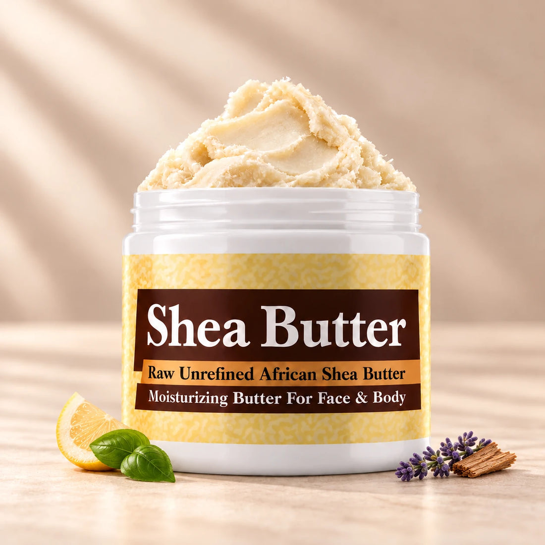 Versace Blue Jeans Shea Butter in an open white jar with textured ivory shea butter and subtle scent accents on a soft cream background.