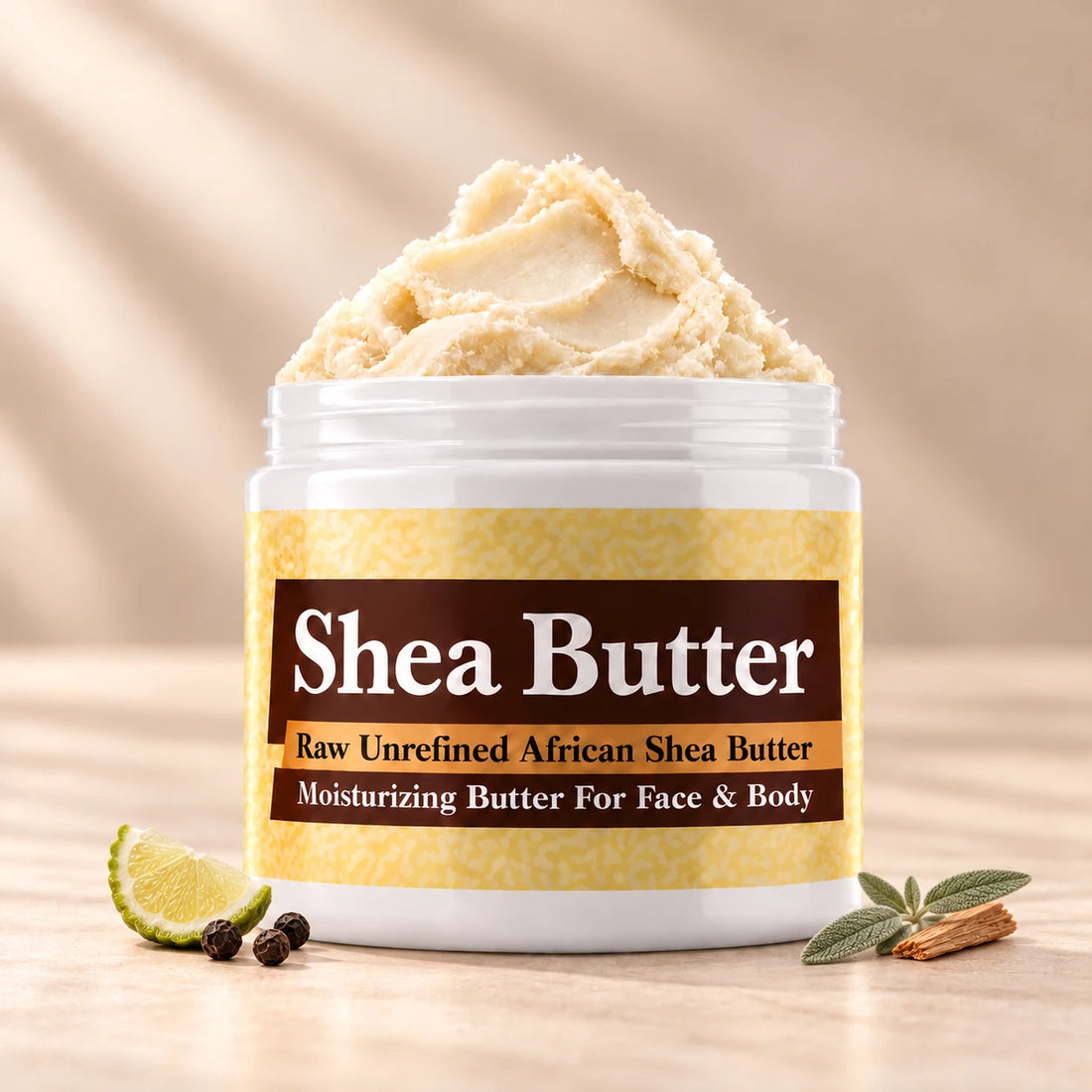 Very Sexy for Men Shea Butter in an open white jar with textured ivory shea butter and subtle scent accents on a soft cream background.