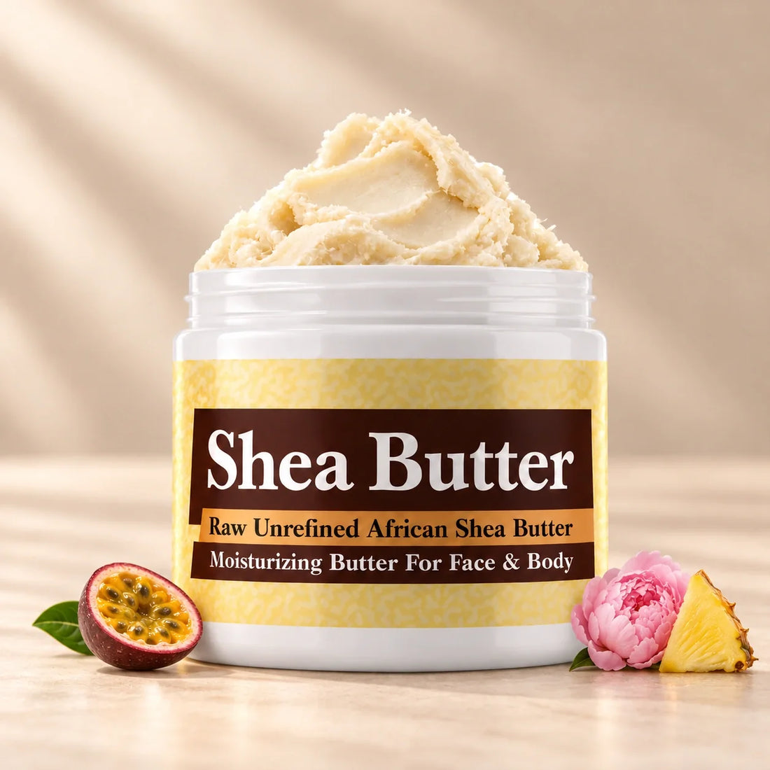 Victorias Secret Bombshell Shea Butter in an open white jar with textured ivory shea butter and simple scent accents on a soft cream background.