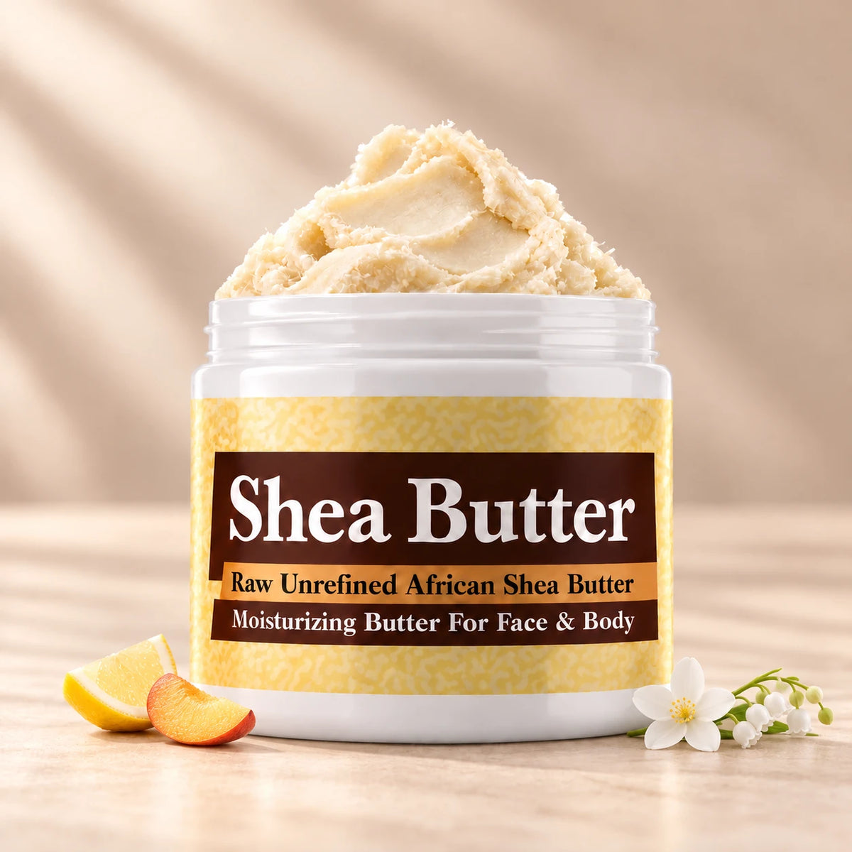 White Linen Shea Butter in an open white jar with textured ivory shea butter and subtle scent accents on a soft cream background.