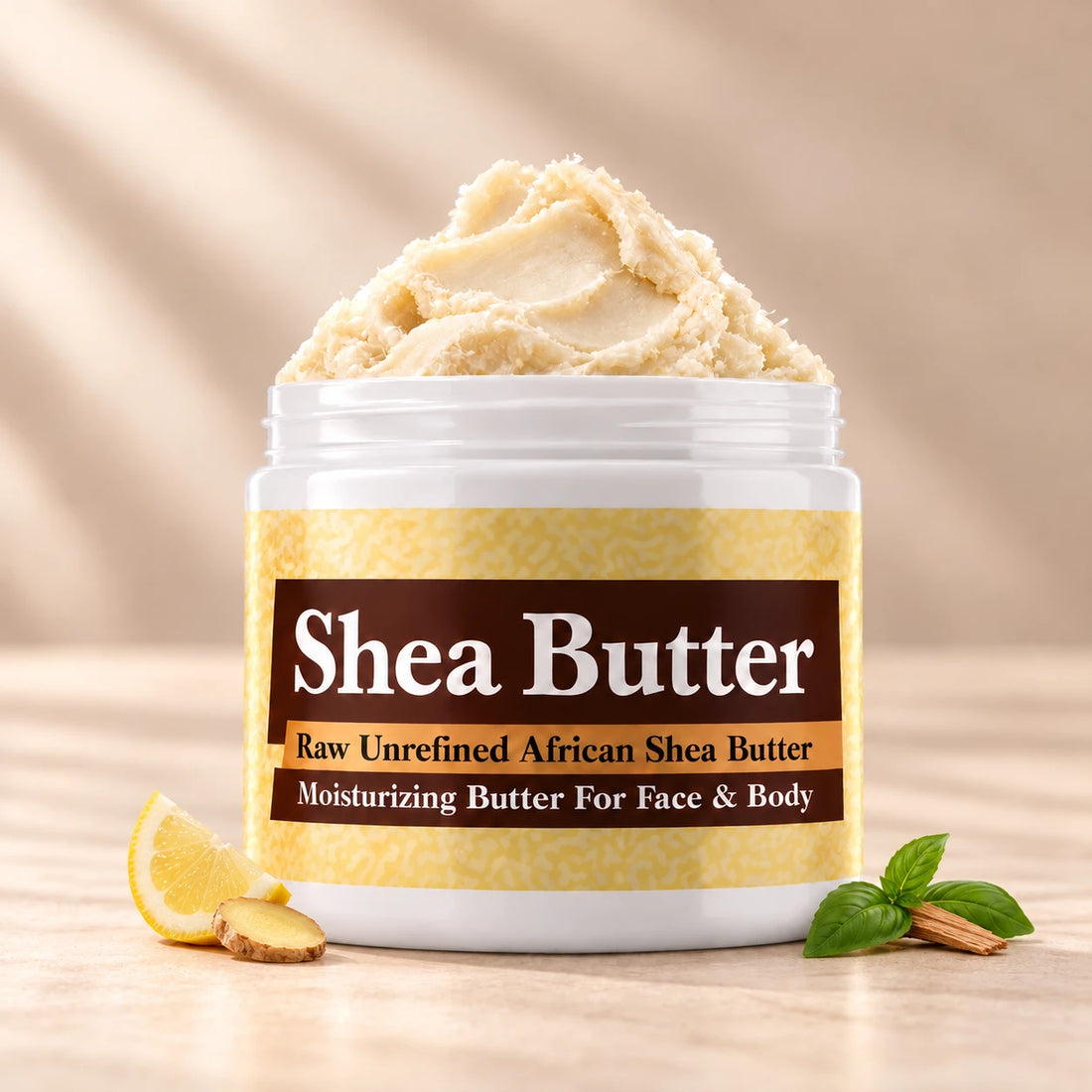 YSL LHomme Shea Butter in an open white jar with textured ivory shea butter and subtle scent accents on a soft cream background.