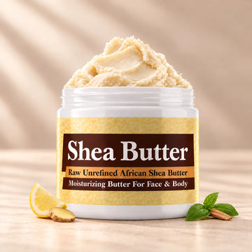 YSL LHomme Shea Butter in an open white jar with textured ivory shea butter and subtle scent accents on a soft cream background.