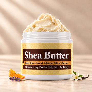 YSL Libre Shea Butter in an open white jar with textured ivory shea butter and subtle scent accents on a soft cream background.