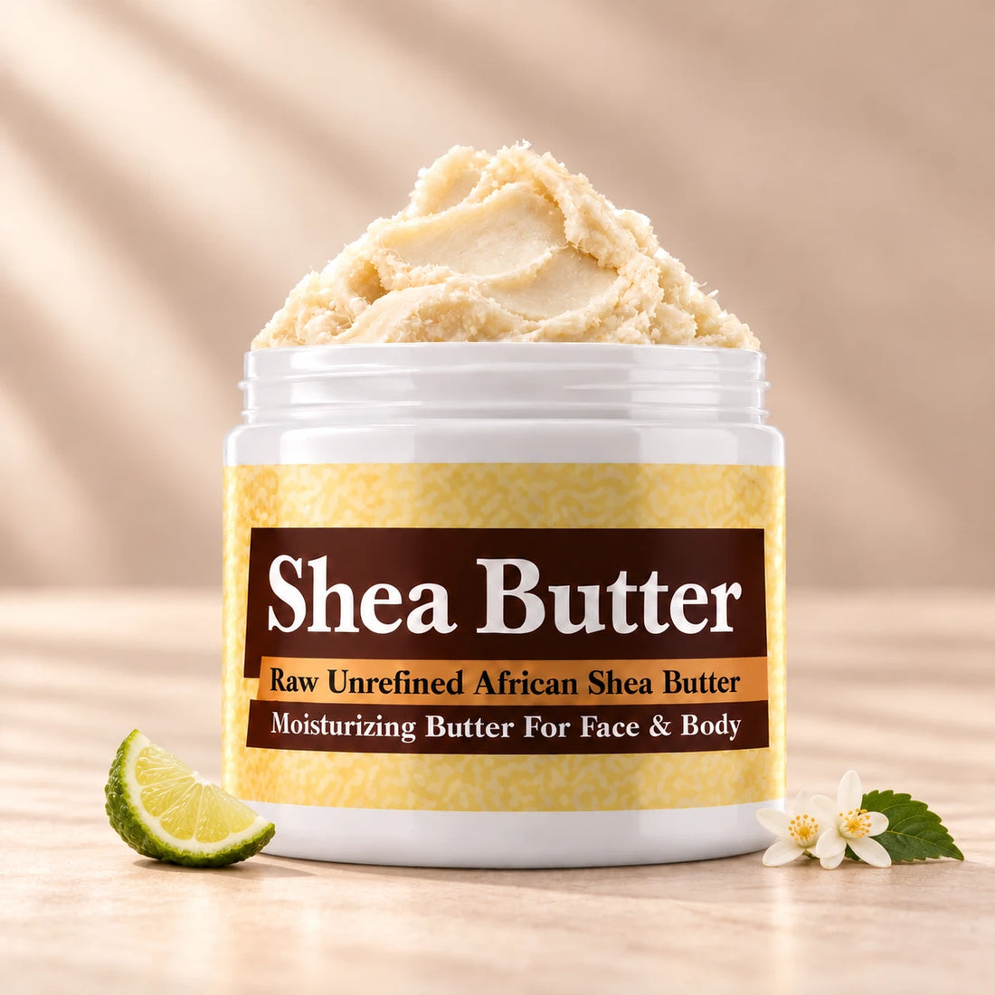 YSL Myslf Shea Butter in an open white jar with textured ivory shea butter and subtle scent accents on a soft cream background.