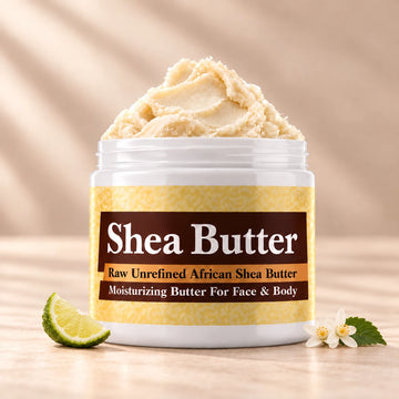 YSL Myslf Shea Butter in an open white jar with textured ivory shea butter and subtle scent accents on a soft cream background.