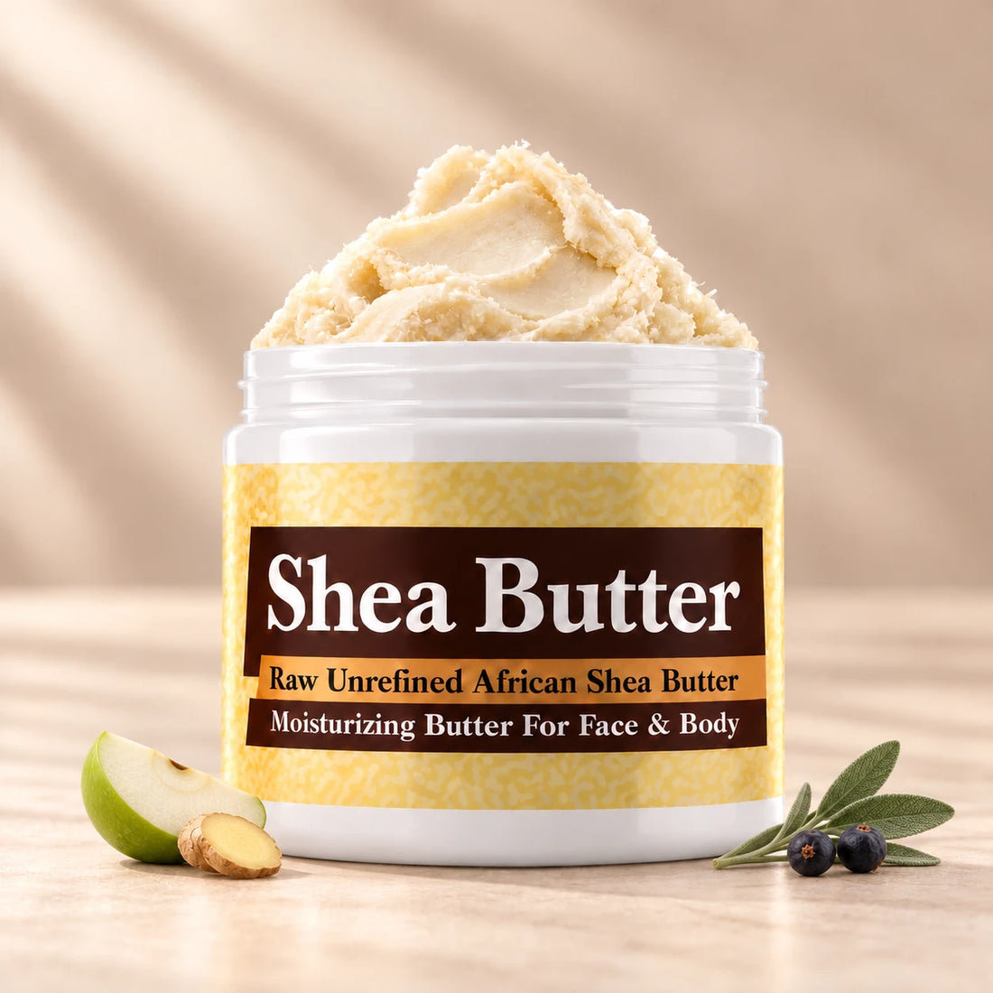 YSL Y Men Shea Butter in an open white jar with textured ivory shea butter and subtle scent accents on a soft cream background.