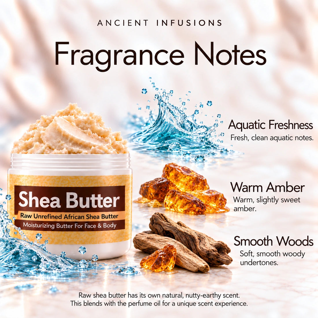 Amber Blue Shea Butter in an open white jar with textured ivory shea butter and subtle scent accents on a soft cream background.