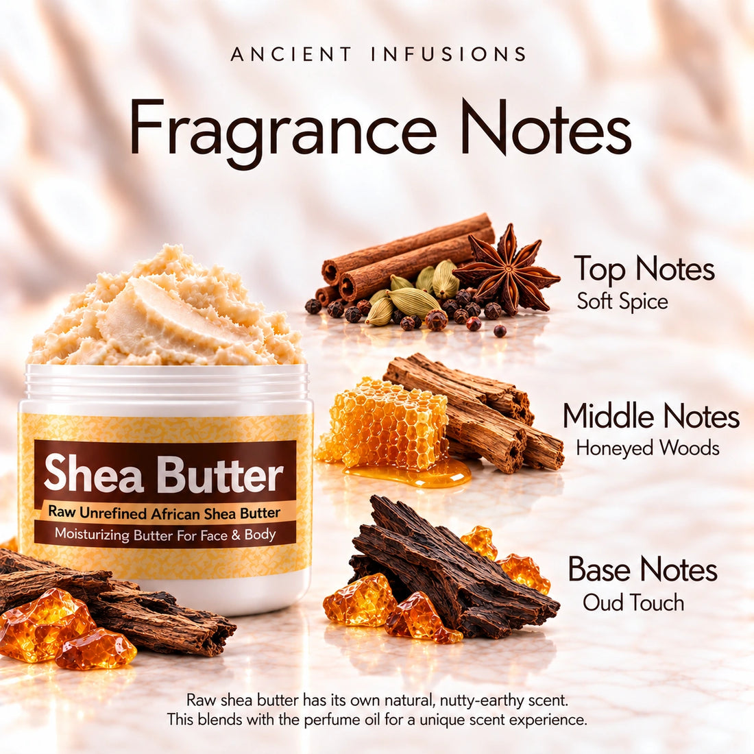 Amber Gold Shea Butter in an open white jar with textured ivory shea butter and subtle scent accents on a soft cream background.