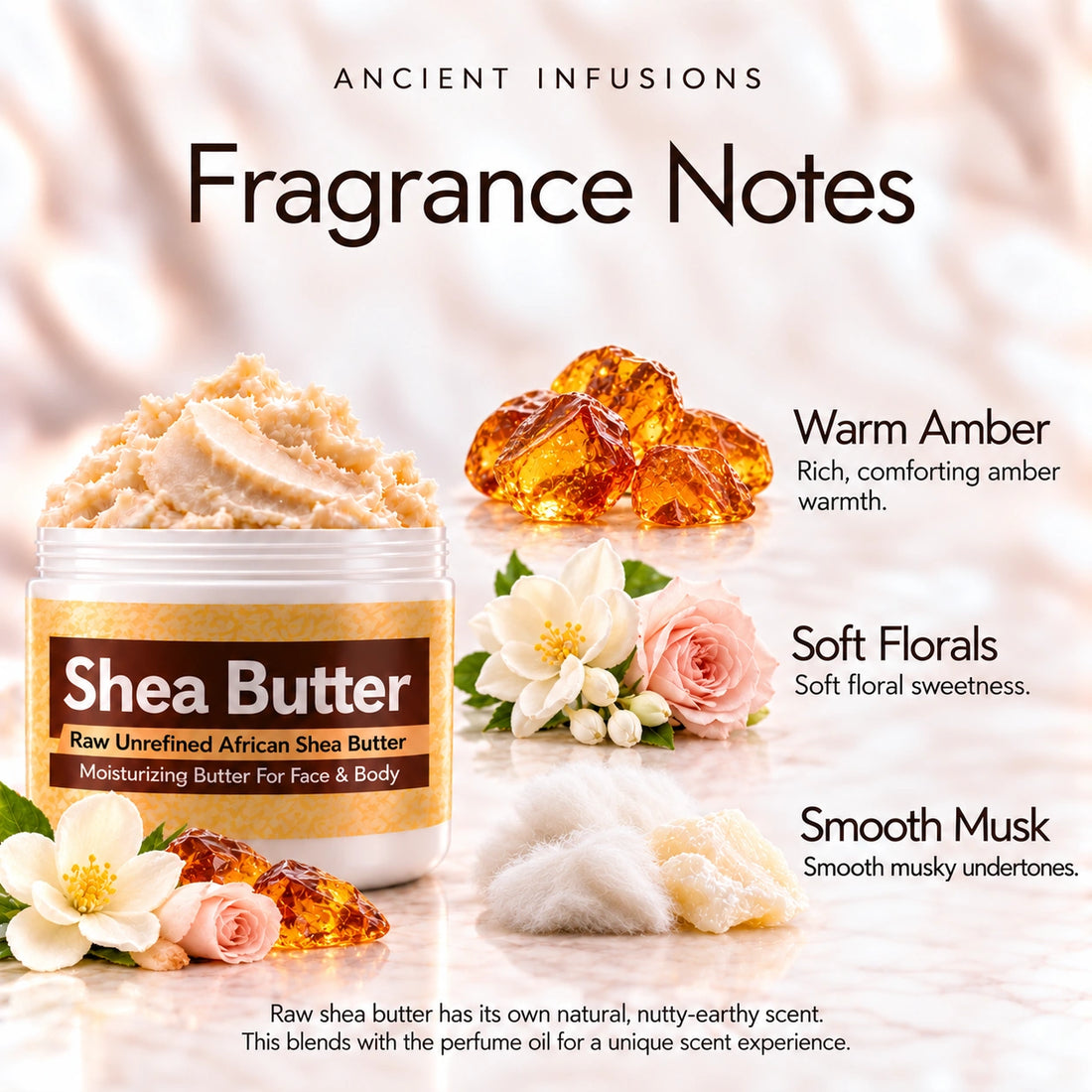 Amber Love Shea Butter in an open white jar with textured ivory shea butter and subtle scent accents on a soft cream background.