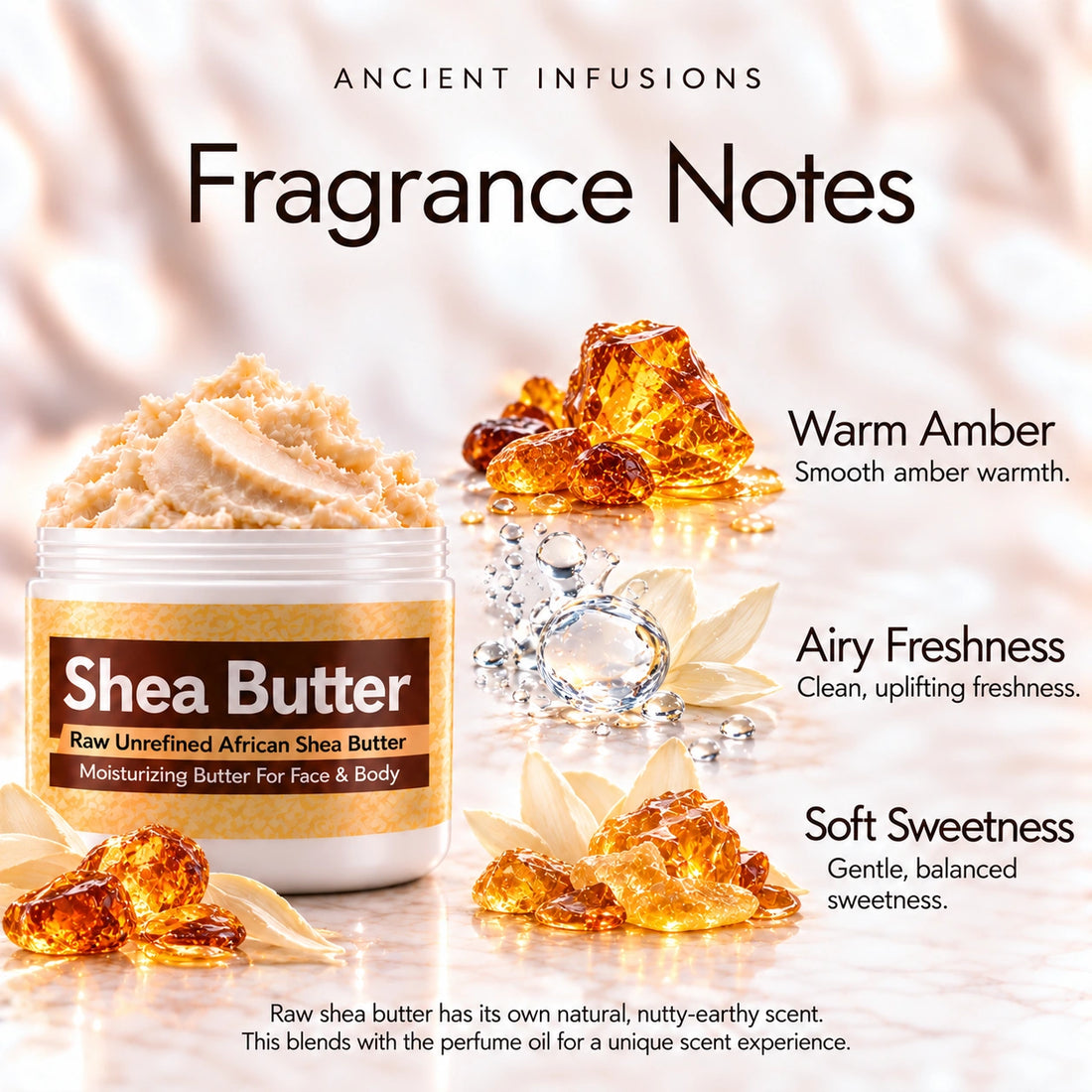 Amber Rain Shea Butter in an open white jar with textured ivory shea butter and simple scent accents on a soft cream background.