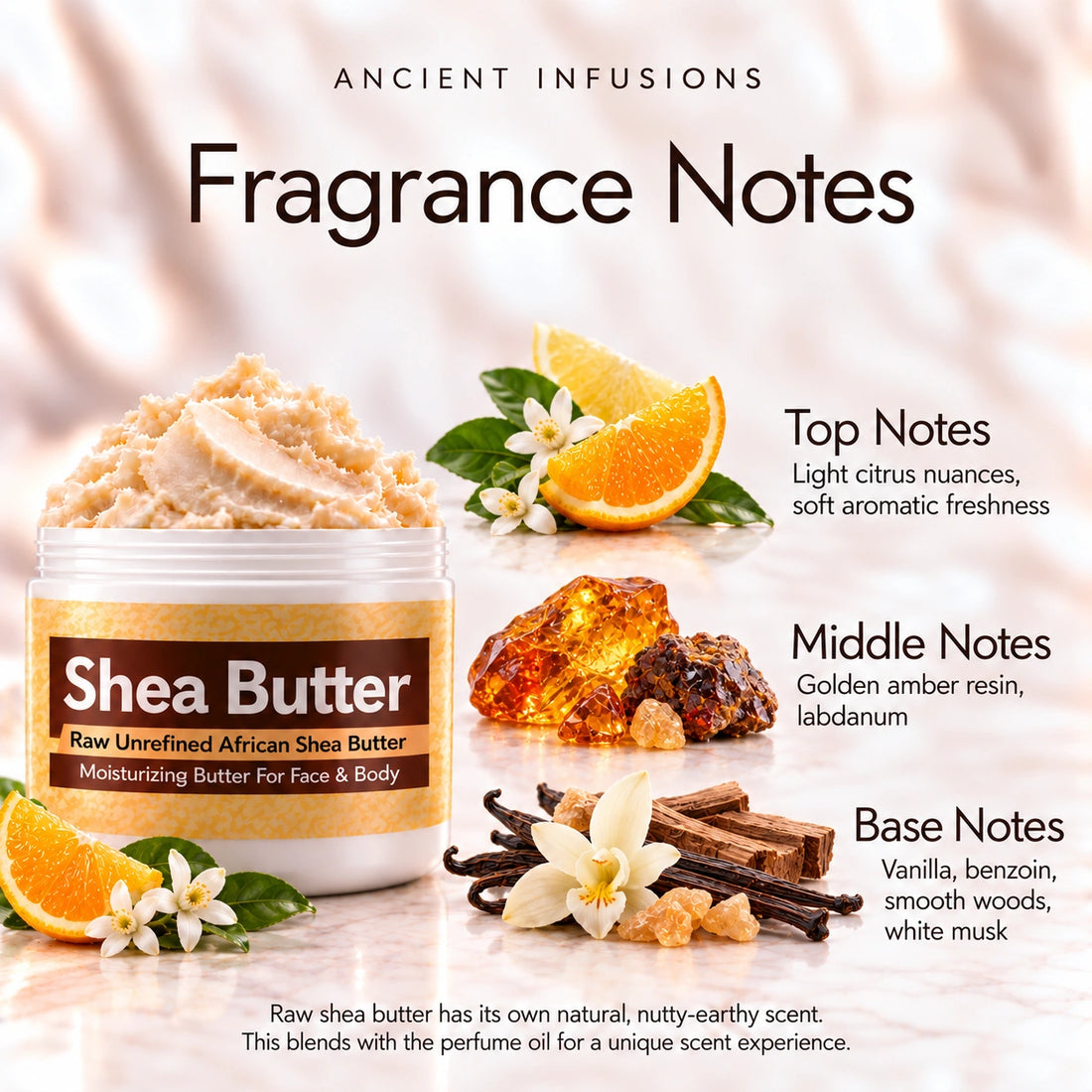 Amber Shea Butter in an open white jar with textured ivory shea butter and simple scent accents on a soft cream background.