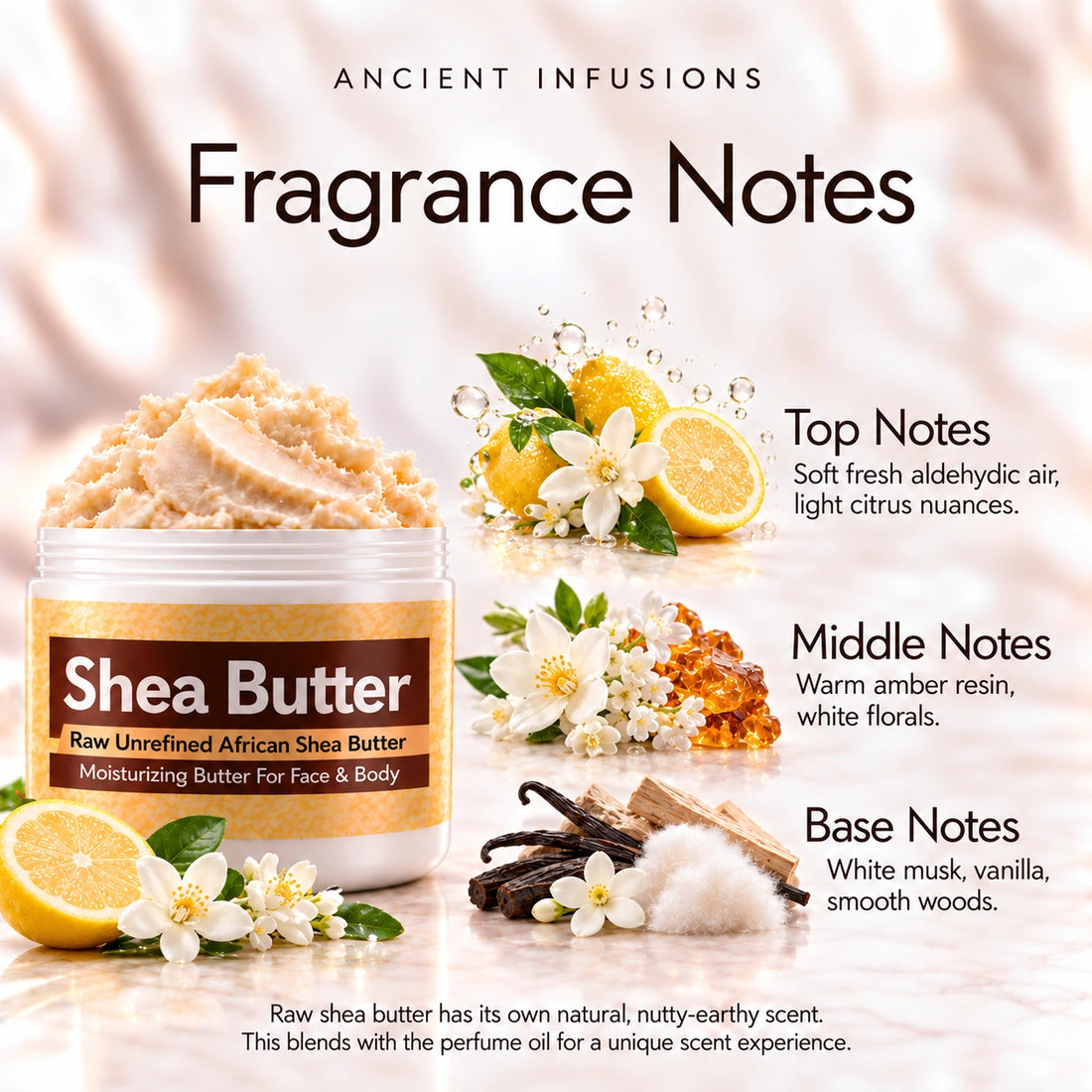 Amber White Shea Butter in an open white jar with textured ivory shea butter and simple citrus, white blossom, amber and vanilla scent accents on a soft cream background.