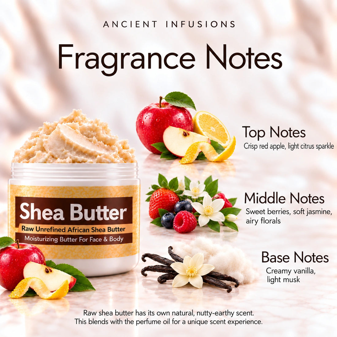 Apple Fantasy Shea Butter in an open white jar with textured ivory shea butter and subtle scent accents on a soft cream background.