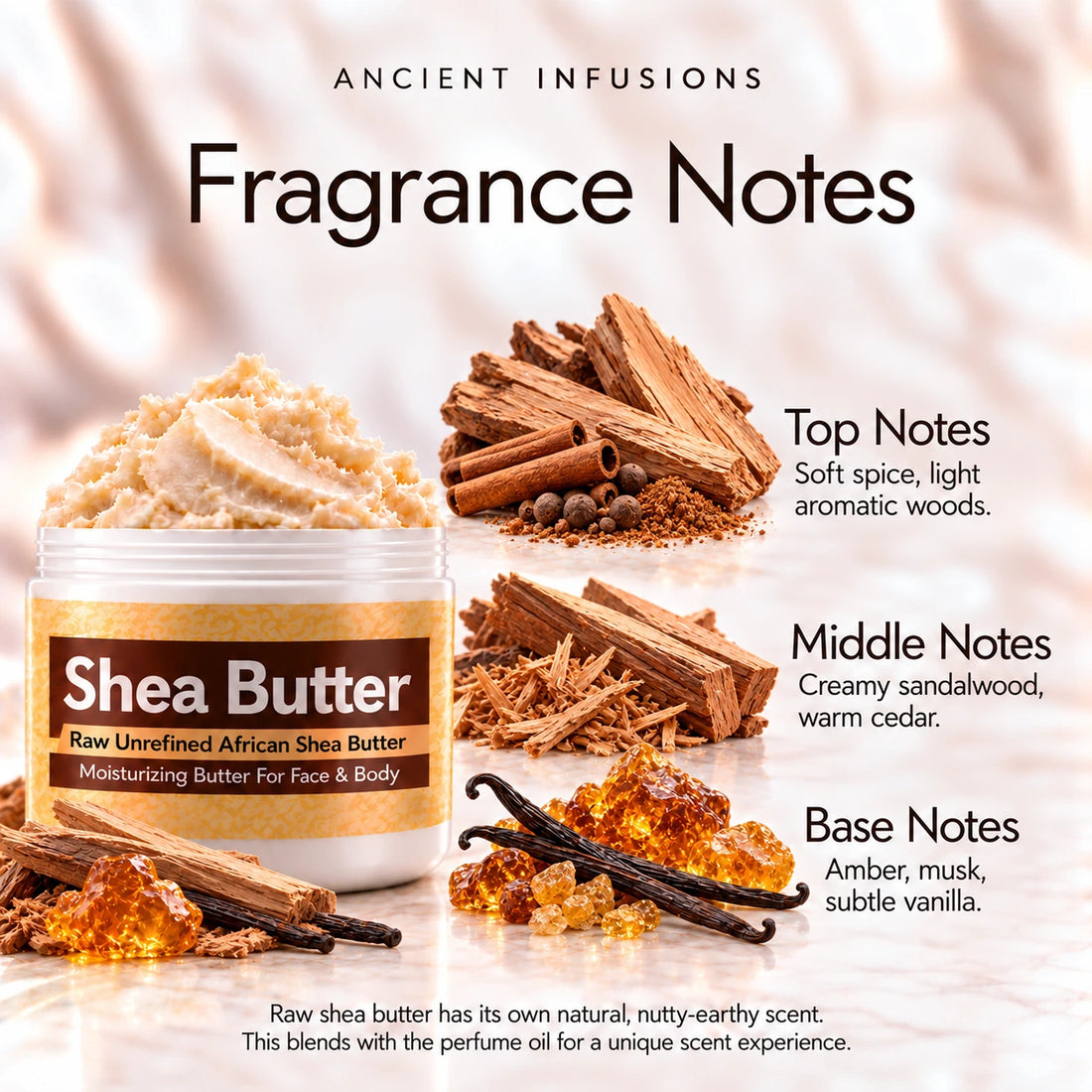 Arabian Sandalwood Shea Butter in an open white jar with textured ivory shea butter and simple scent accents on a soft cream background.