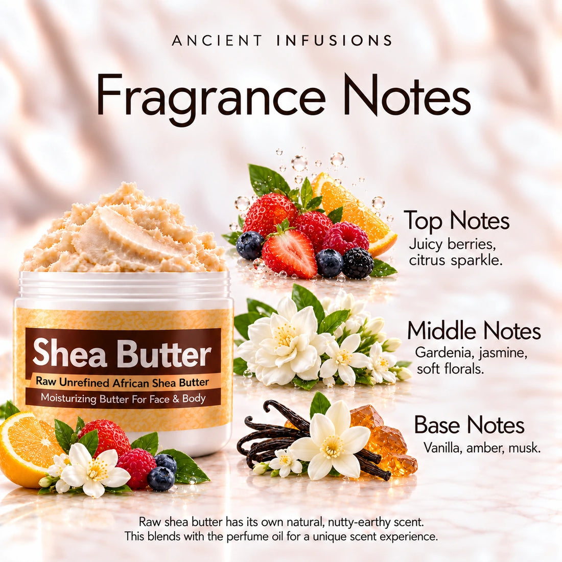 Baby Phatt Goddess Shea Butter in an open white jar with textured ivory shea butter and simple scent accents on a soft cream background.