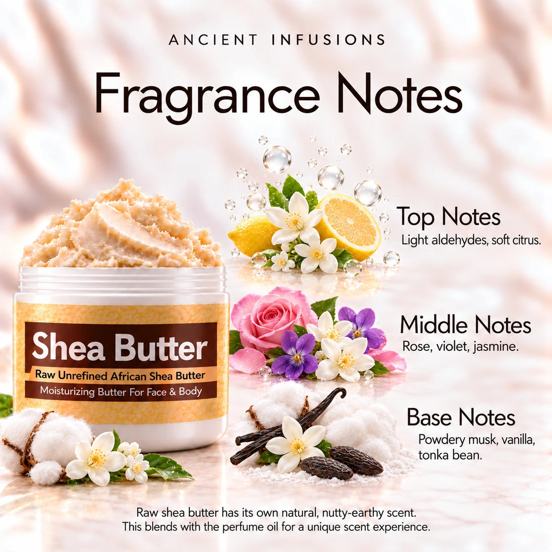 Baby Powder Shea Butter in an open white jar with textured ivory shea butter and subtle scent accents on a soft cream background.