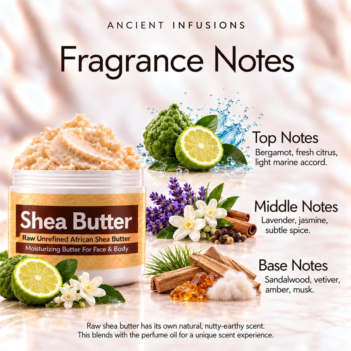 Barack Obama shea butter scent notes: bergamot, citrus and marine accord; lavender, jasmine and spice; sandalwood, vetiver, amber and musk.