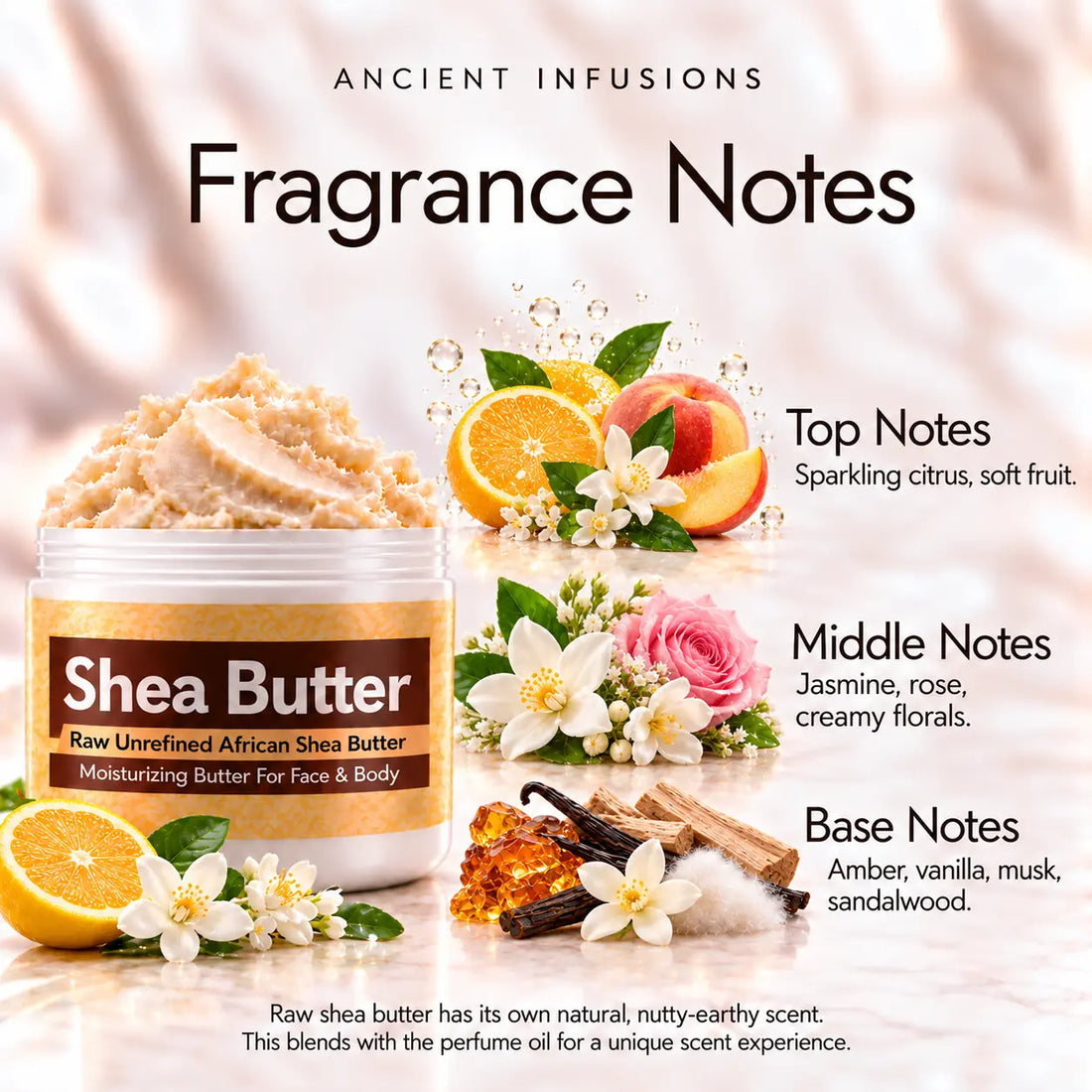 Black Woman Shea Butter in an open white jar with textured ivory shea butter and subtle scent accents on a soft cream background.
