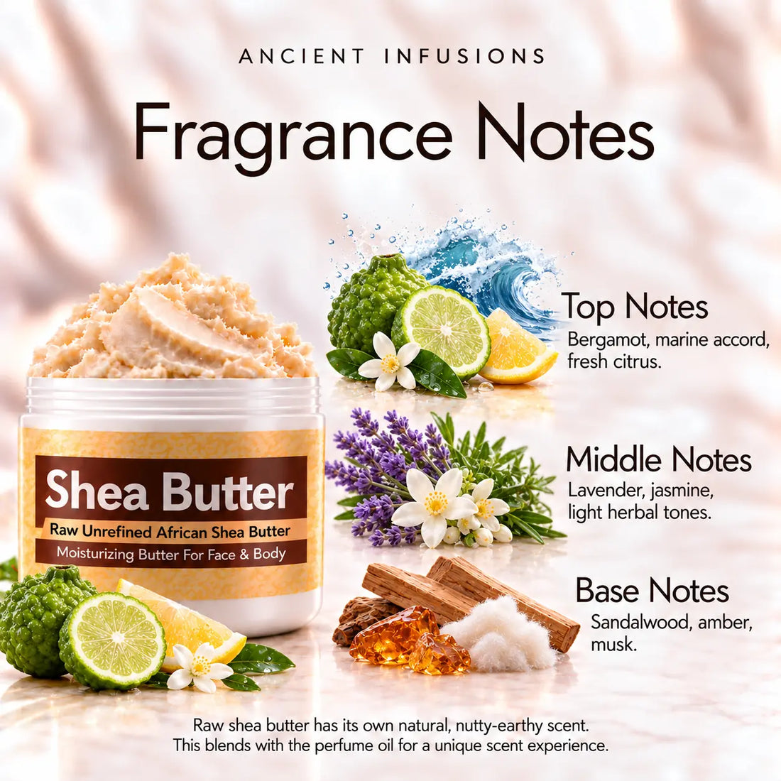 Blue Nile Shea Butter in an open white jar with textured ivory shea butter and simple scent accents on a soft cream background.