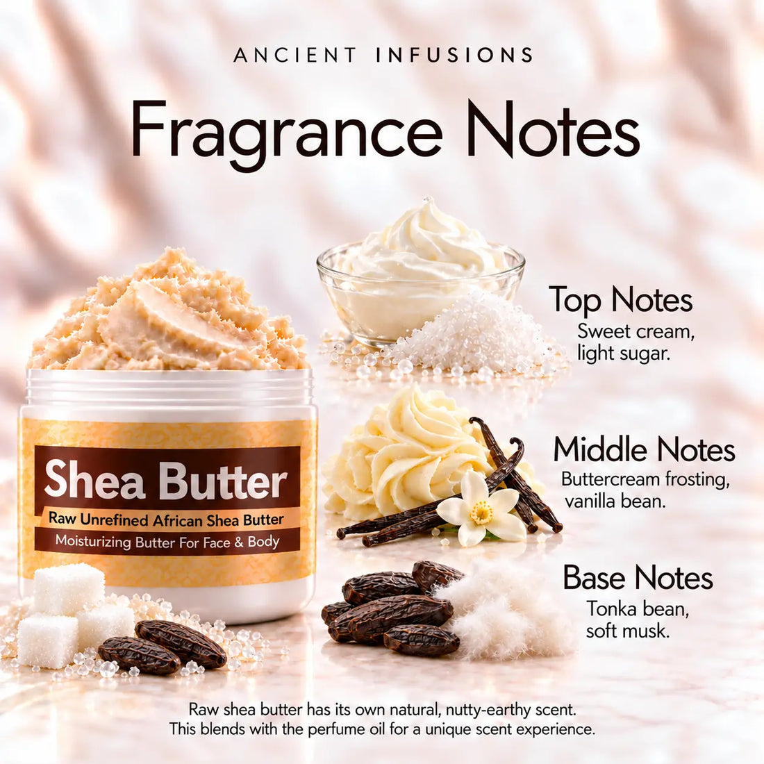 Butter Cream Shea Butter in an open white jar with textured ivory shea butter and subtle scent accents on a soft cream background.