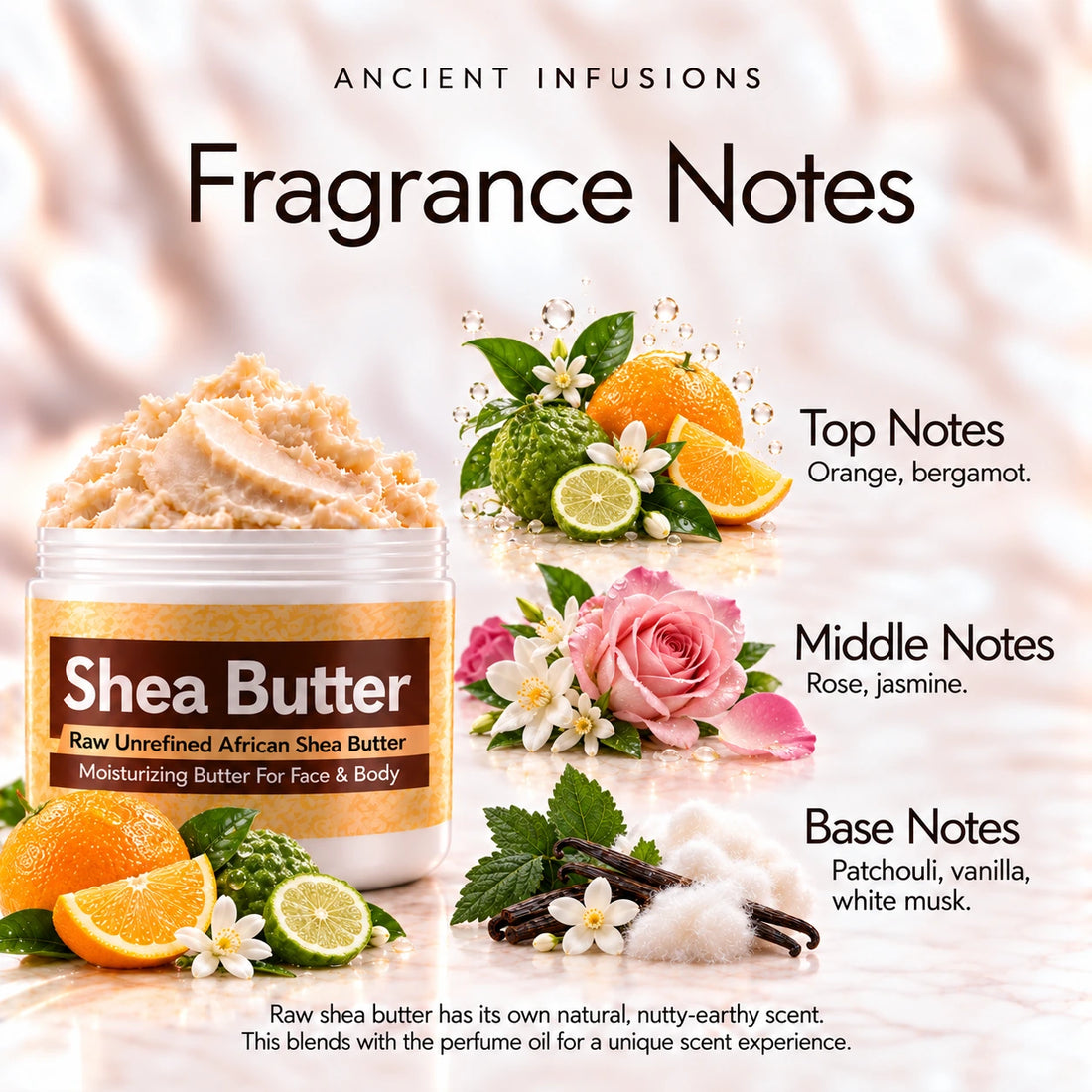 Chanel Mademoiselle inspired shea butter in an open white jar with textured ivory butter and simple orange, rose and vanilla scent accents on a soft cream background.