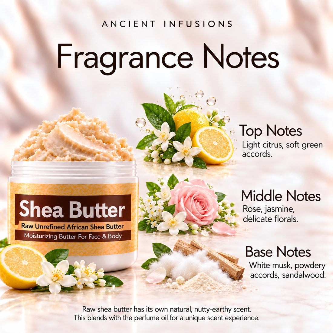 China Musk Shea Butter in an open white jar with textured ivory shea butter and simple scent accents on a soft cream background.