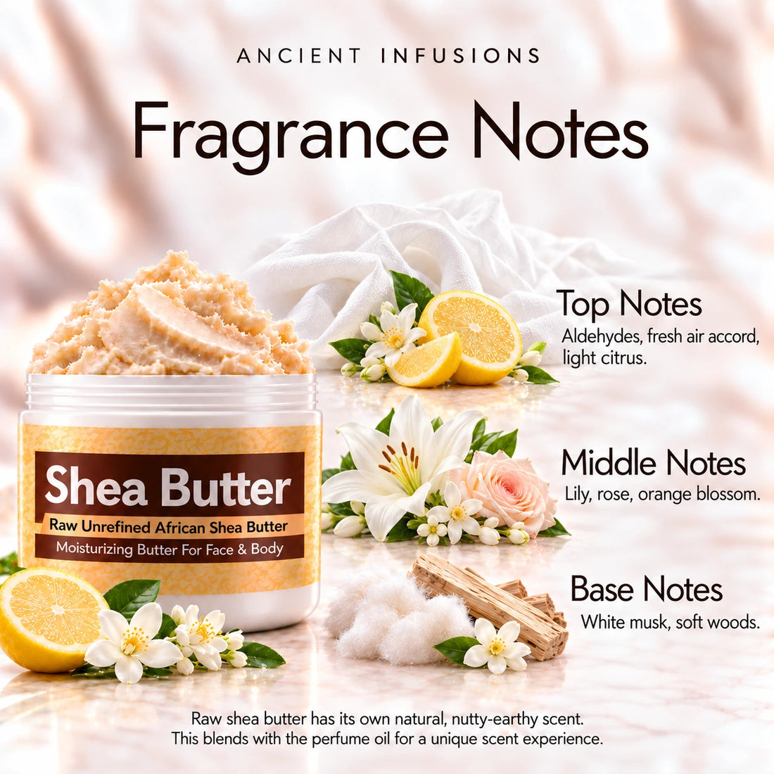 Clean Cotton Shea Butter in an open white jar with textured ivory shea butter and subtle scent accents on a soft cream background.