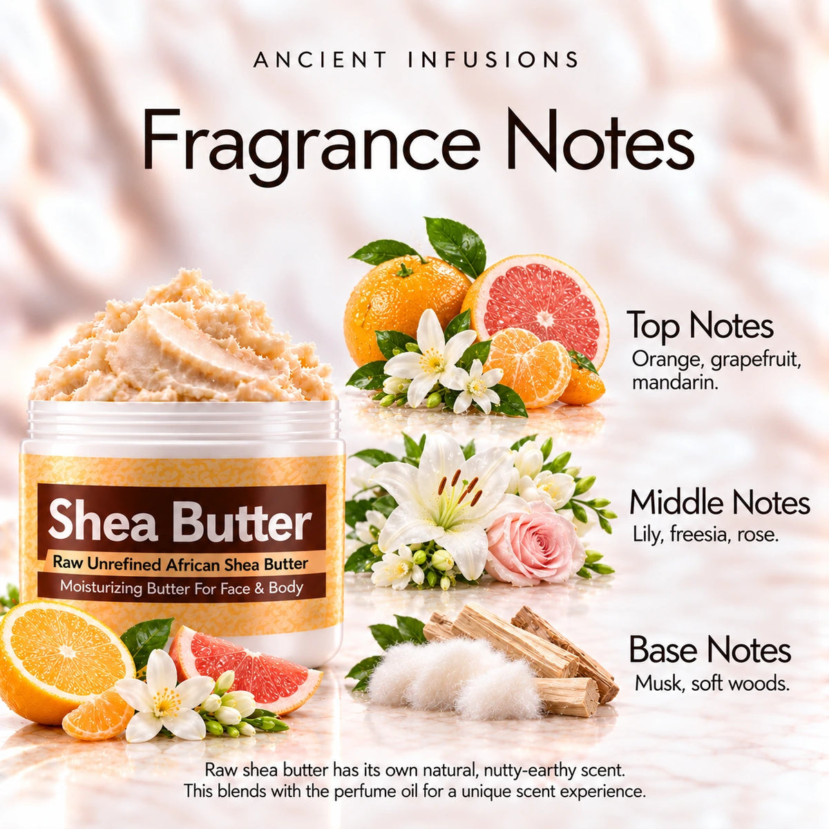 Clinique Happy inspired shea butter scent notes: orange, grapefruit and mandarin; lily, freesia and rose; musk and soft woods.