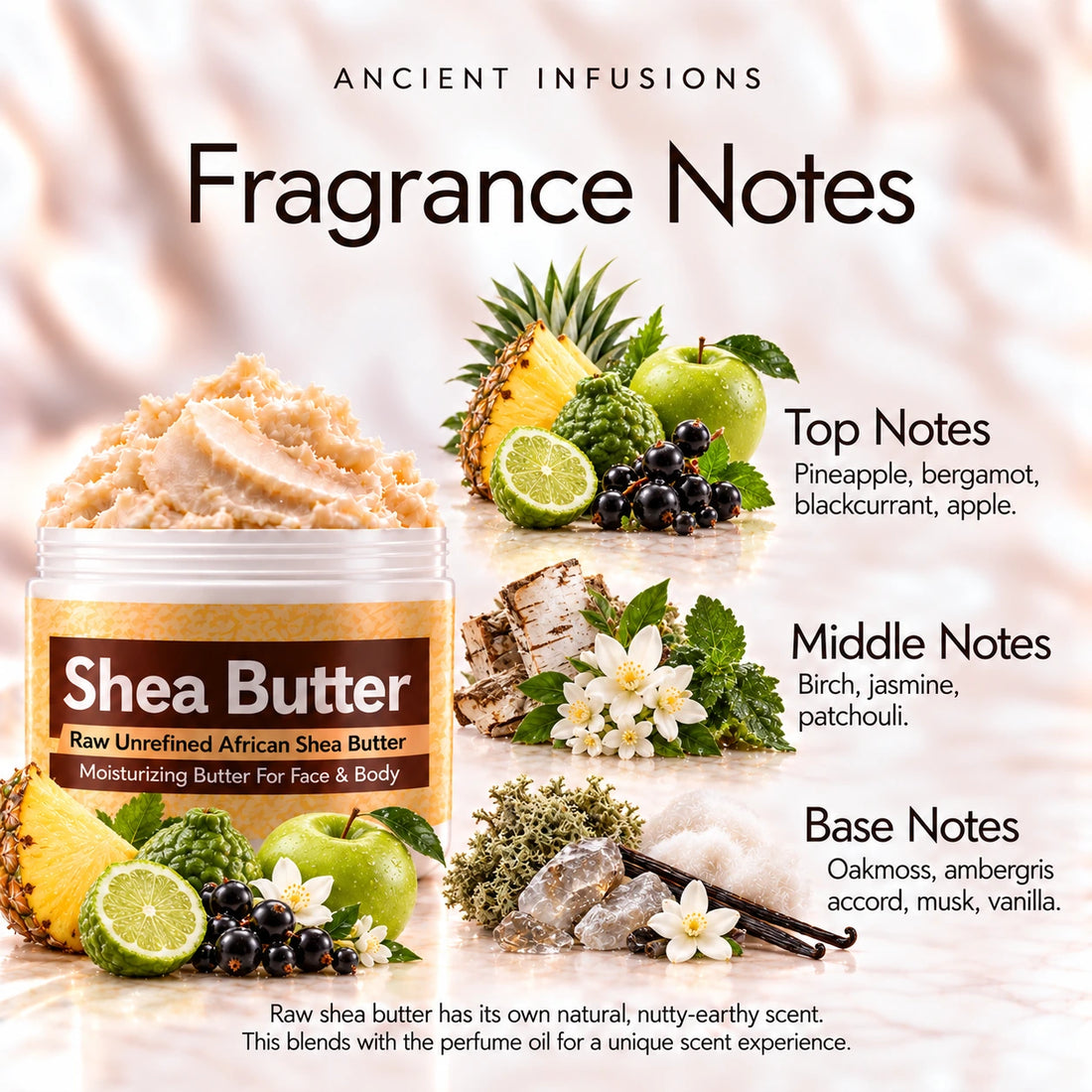 Creed Aventus inspired shea butter in an open white jar with textured ivory butter and simple pineapple, blackcurrant and birch scent accents on a soft cream background.