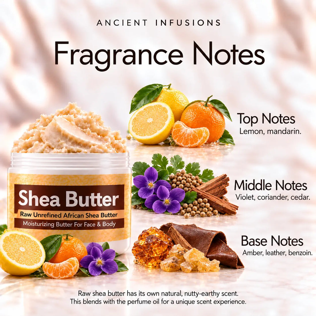 Diesel Only the Brave inspired shea butter in an open white jar with ivory butter and simple lemon, violet and cedar scent accents on a soft cream background.