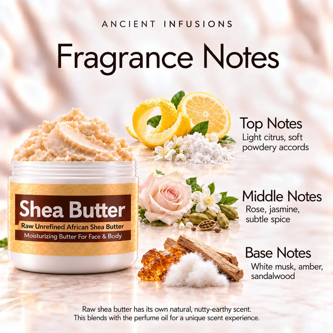Egyptian Musk Shea Butter in an open white jar with textured ivory shea butter and subtle scent accents on a soft cream background.