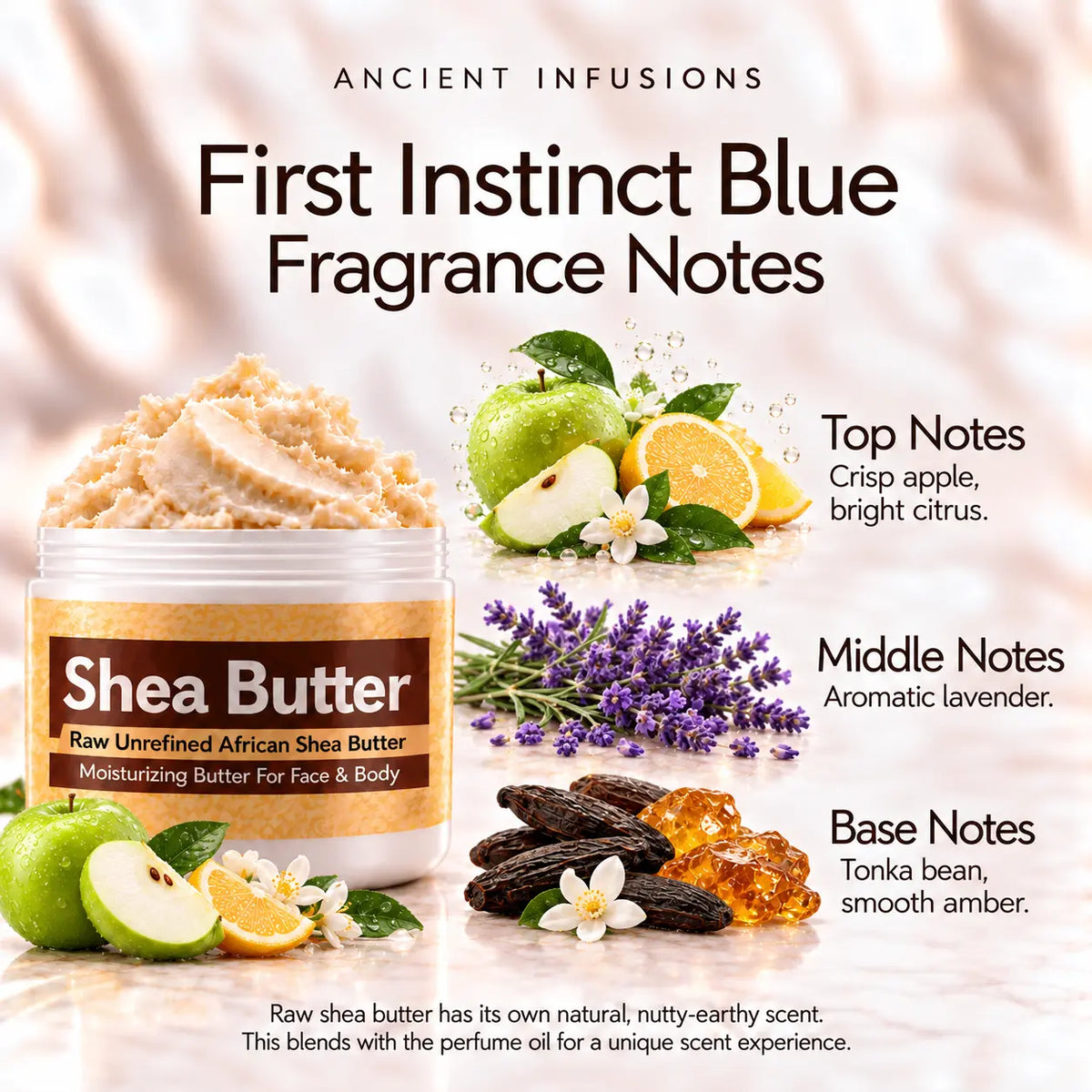 First Instinct Blue fragrance notes: crisp apple, bright citrus, aromatic lavender, tonka bean and smooth amber.