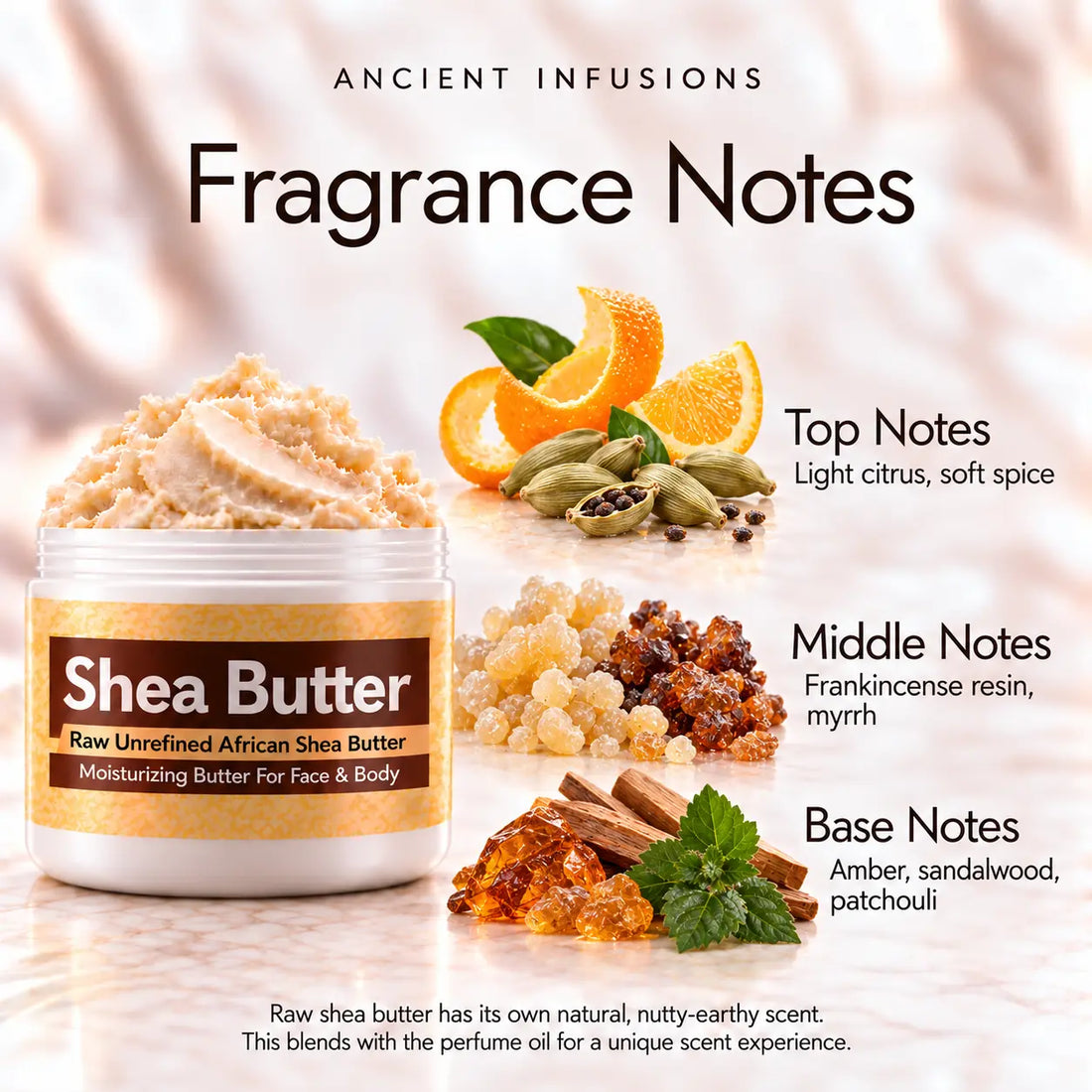 Frankincense & Myrrh Shea Butter in an open white jar with textured ivory shea butter and subtle scent accents on a soft cream background.