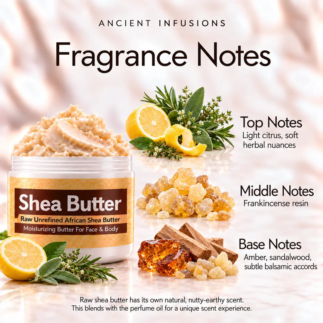 Frankincense Shea Butter in an open white jar with textured ivory shea butter and simple scent accents on a soft cream background.